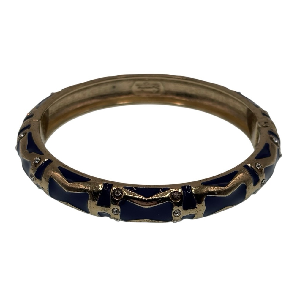 Sequin Bracelet Gold Tone Navy Blue Enamel Rhinestone Hinged Bangle Signed
